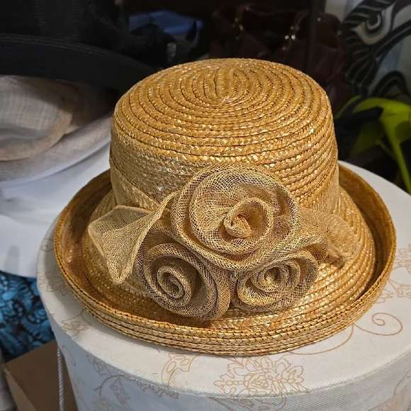 Elegant Gold Floral Women\'s Hat Womens Dressy Hats Wide Brim Church Wedding Wedding Occasion  main image 3